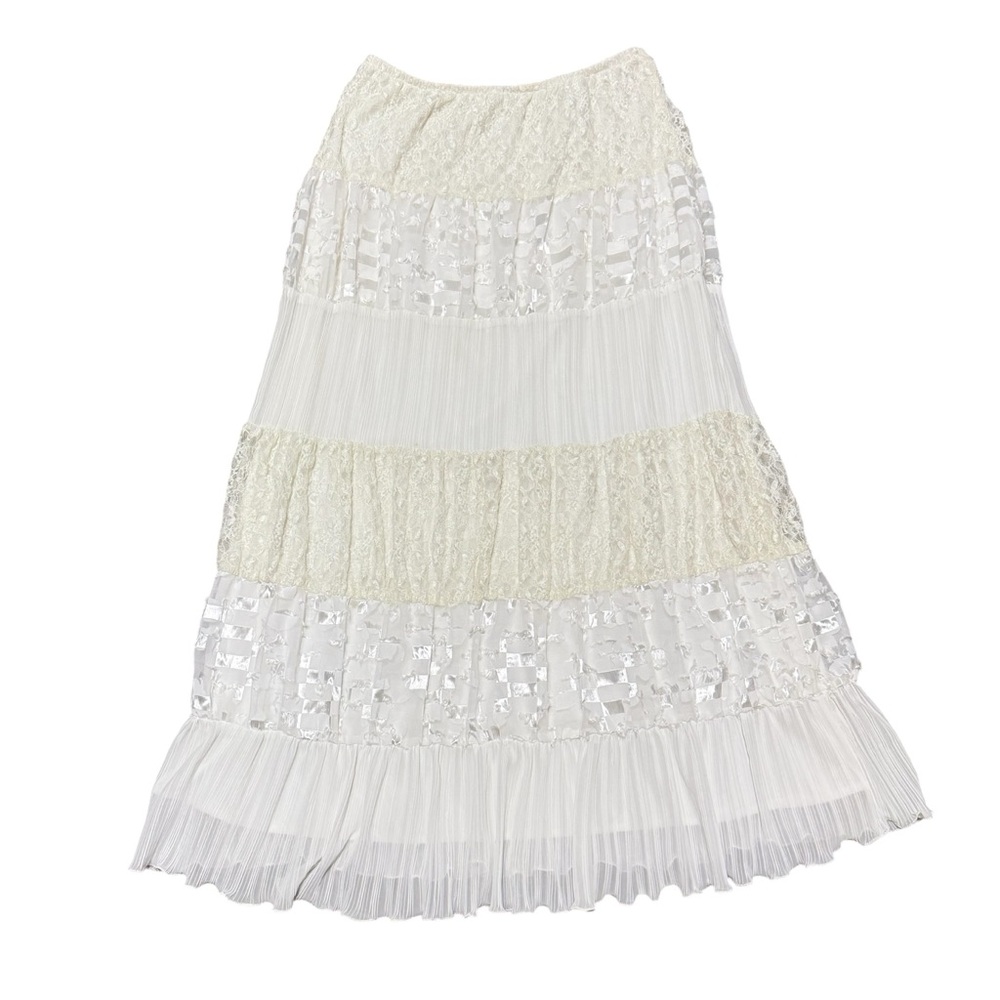 Vintage Indie White Jackie Jon Patterned Textured Tiered Skirt Elastic Waist